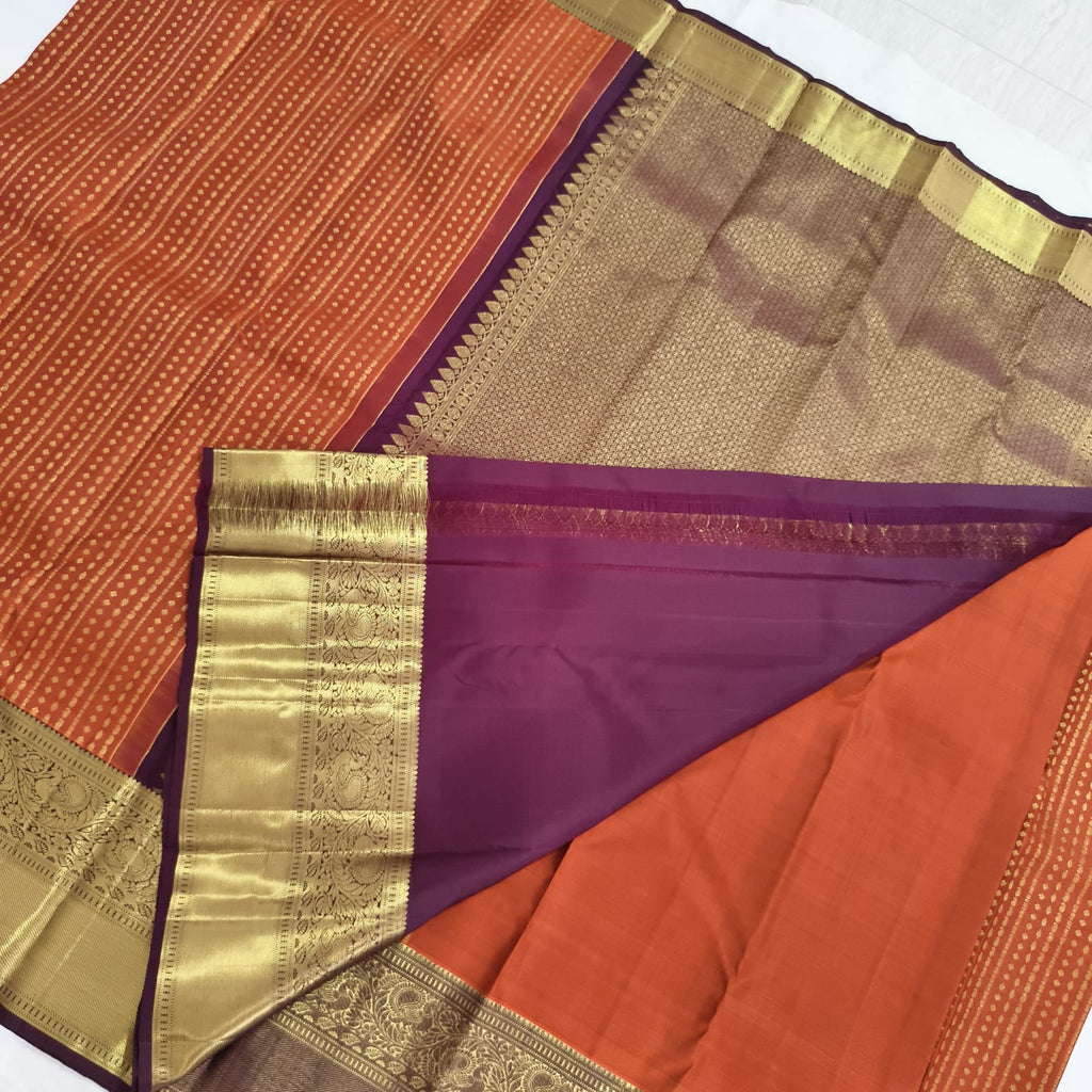 Pure Handloom Kanchipuram Silk Saree -Rust Orange and Deep Brown Contrast