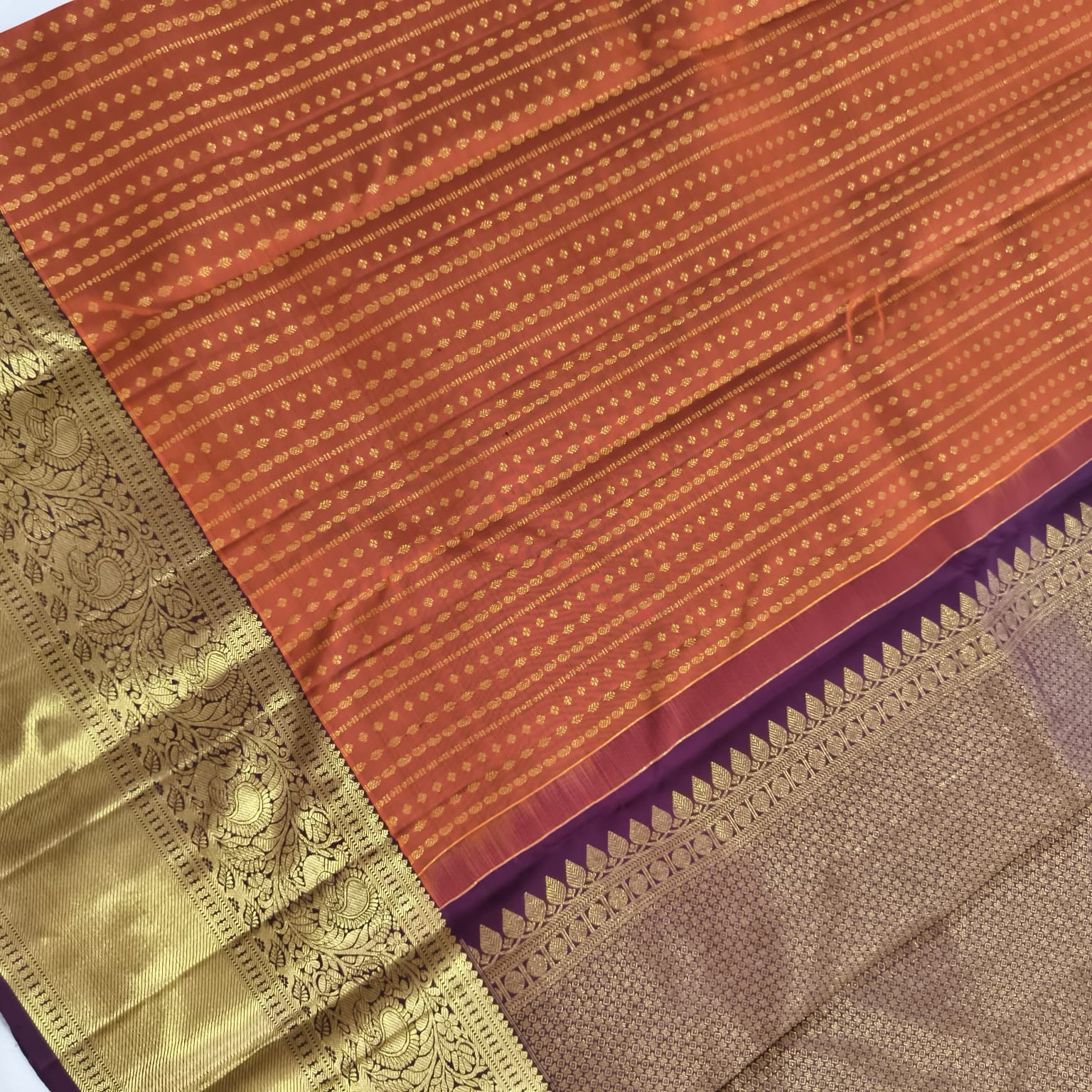 Pure Handloom Kanchipuram Silk Saree -Rust Orange and Deep Brown Contrast