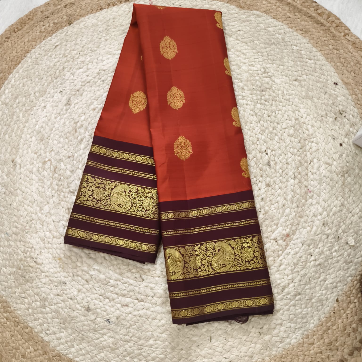 Pure Handloom Kanchipuram Silk Saree -Rust Orange and Deep Brown Contrast