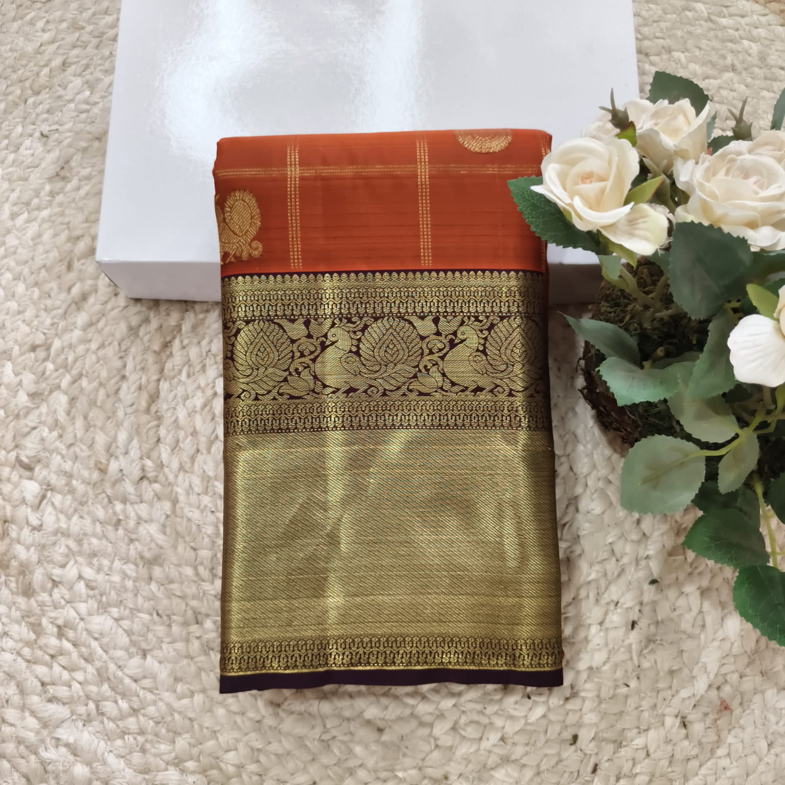 Pure Handloom Kanchipuram Silk Saree -Rust Orange and Deep Brown Contrast