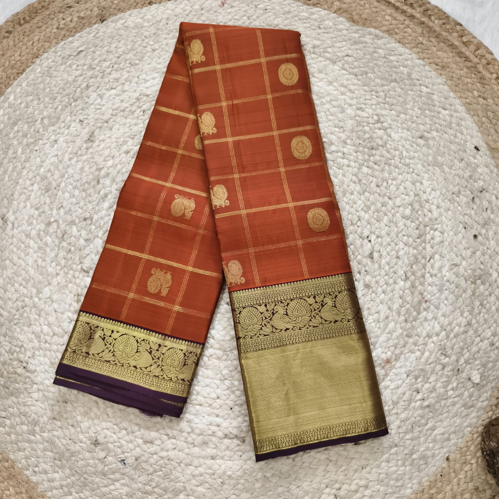 Pure Handloom Kanchipuram Silk Saree -Rust Orange and Deep Brown Contrast