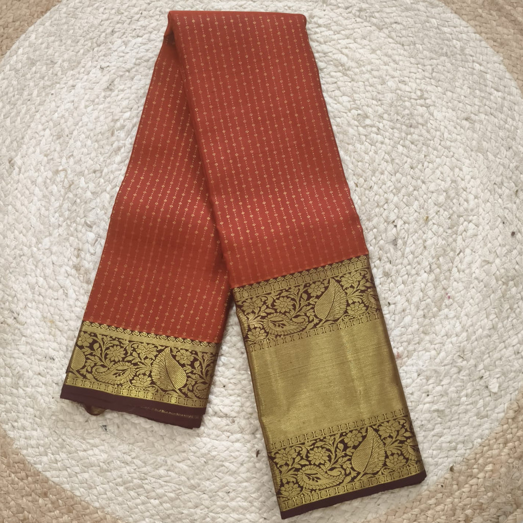 Pure Handloom Kanchipuram Silk Saree -Rust Orange and Deep Brown Contrast Long Border
