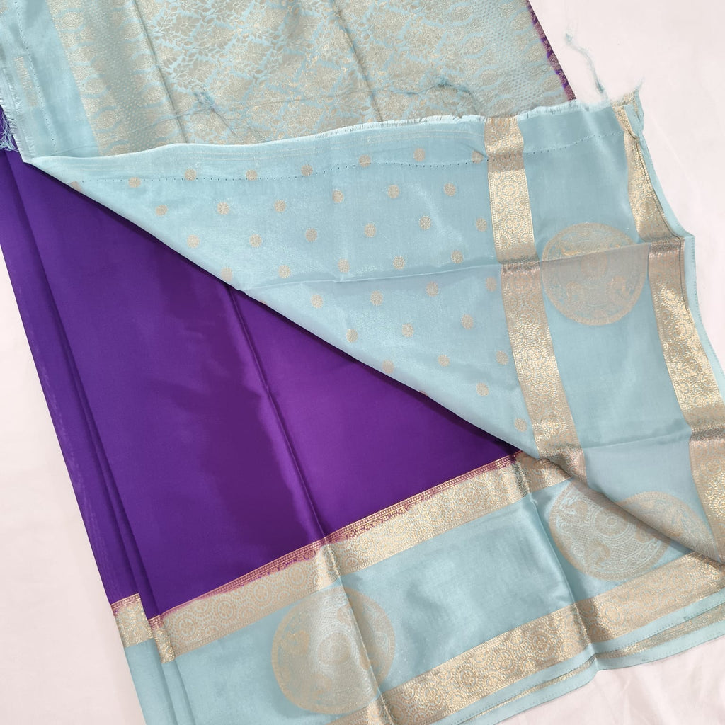 Semi Mysore Crepe Silk Saree- Purple and Light Blue Contrast