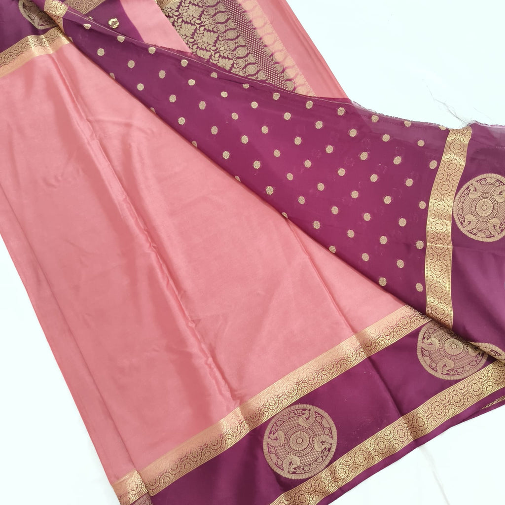 Semi Mysore Crepe Silk Saree- Onion Pink and Maroon Contrast