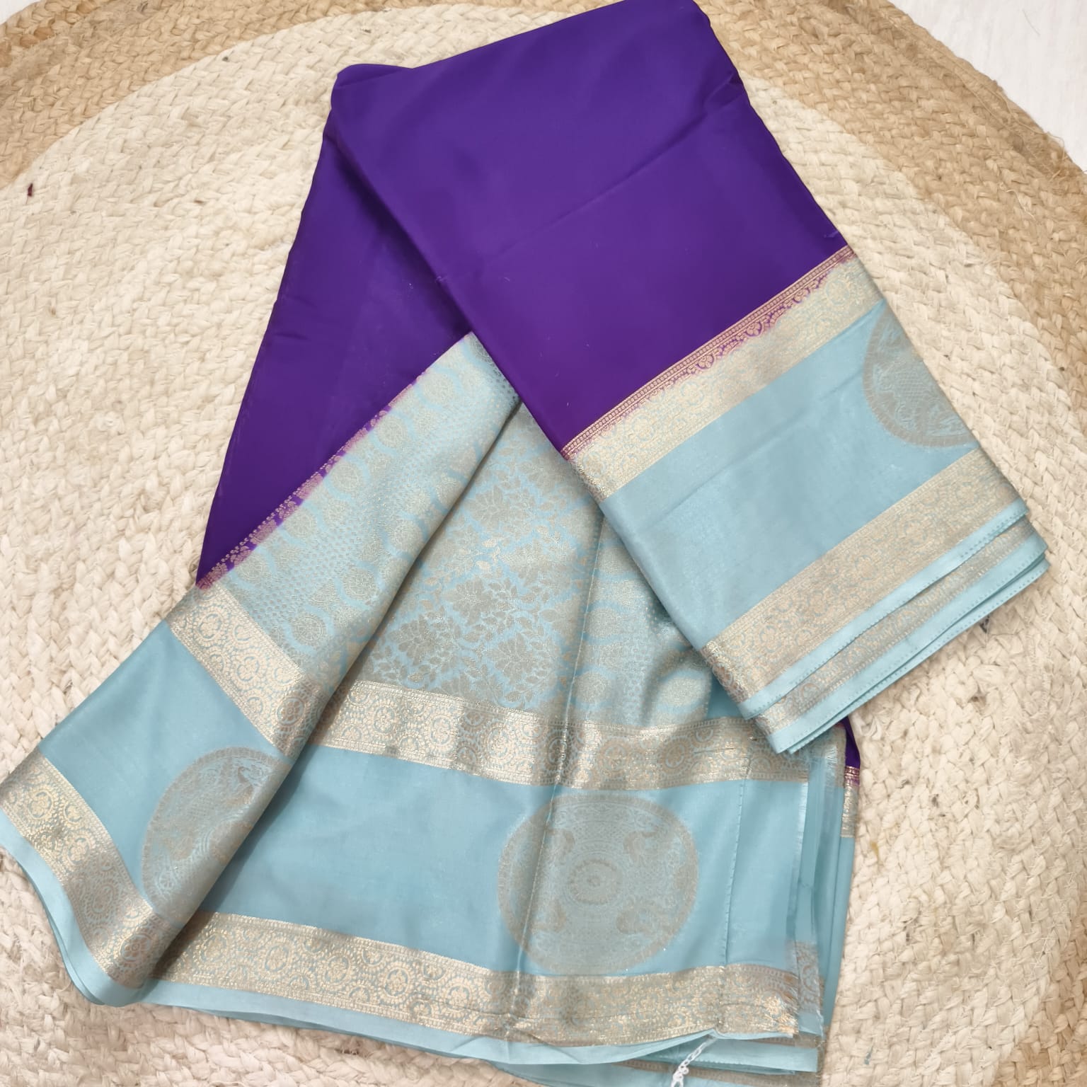 Semi Mysore Crepe Silk Saree- Purple and Light Blue Contrast