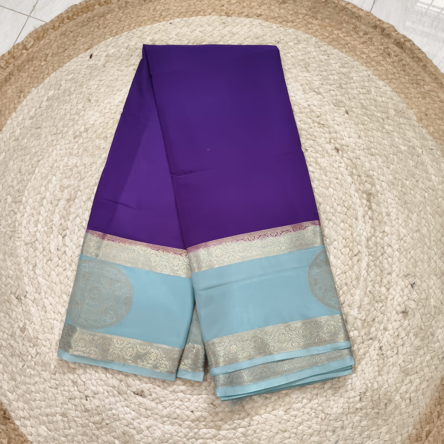 Semi Mysore Crepe Silk Saree- Purple and Light Blue Contrast