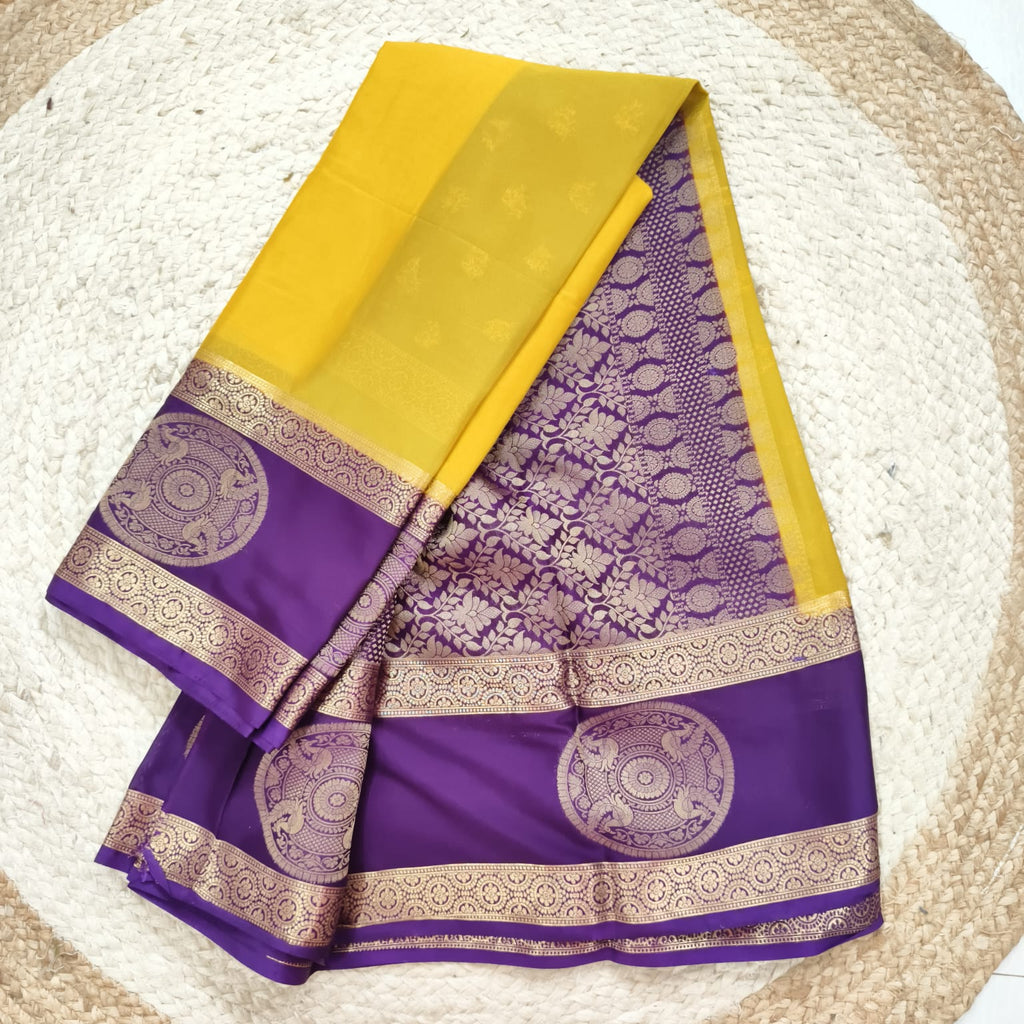 Semi Mysore Crepe Silk Saree- Yellow and Purple Contrast