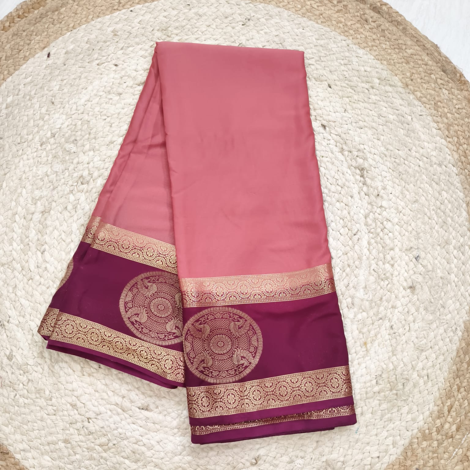 Semi Mysore Crepe Silk Saree- Onion Pink and Maroon Contrast