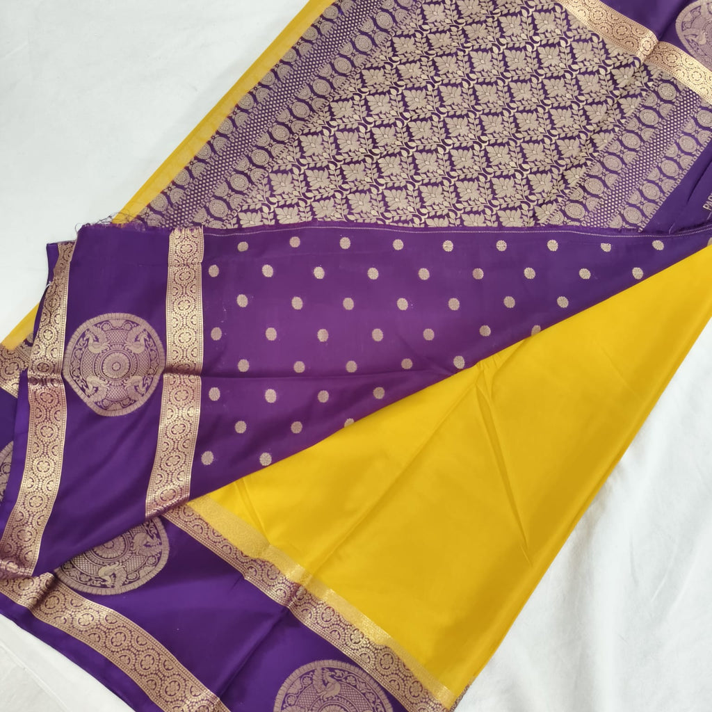 Semi Mysore Crepe Silk Saree- Yellow and Purple Contrast