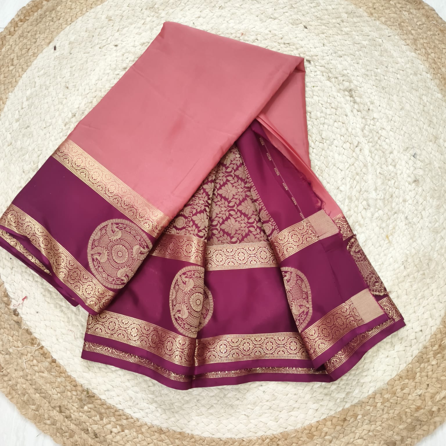 Semi Mysore Crepe Silk Saree- Onion Pink and Maroon Contrast
