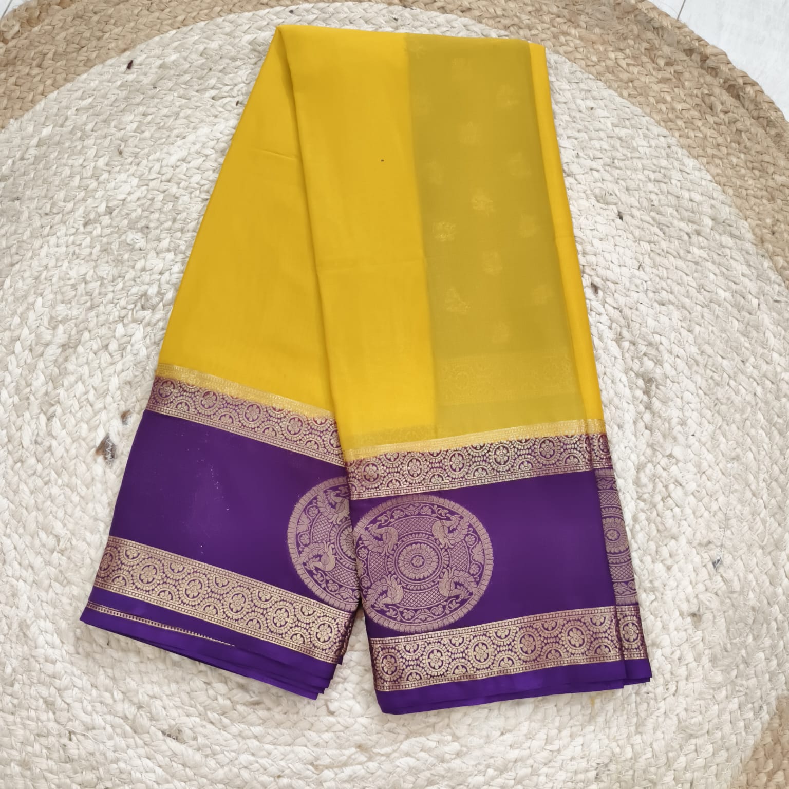 Semi Mysore Crepe Silk Saree- Yellow and Purple Contrast