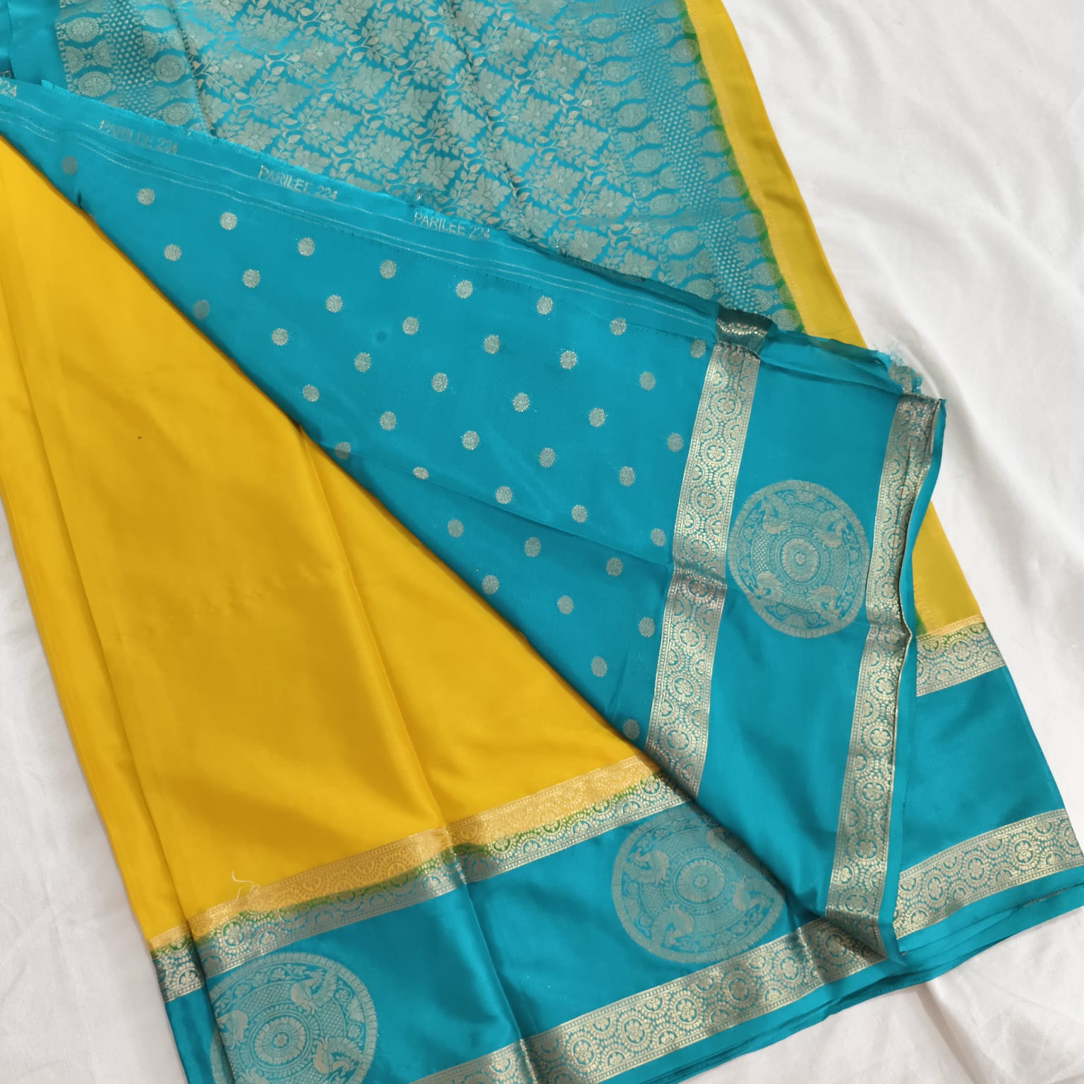 Semi Mysore Crepe Silk Saree- Yellow and Light Blue Contrast