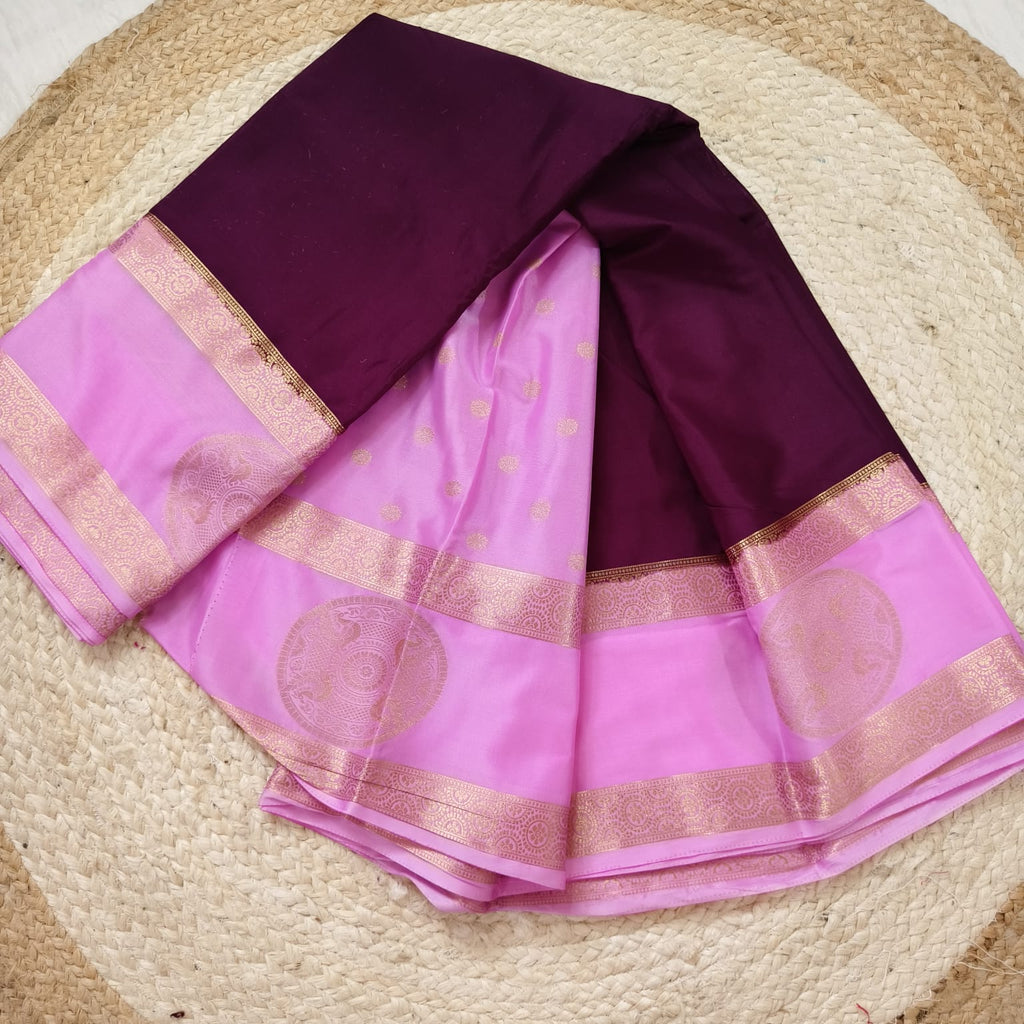 Semi Mysore Crepe Silk Saree- Maroon and Light Pink Contrast