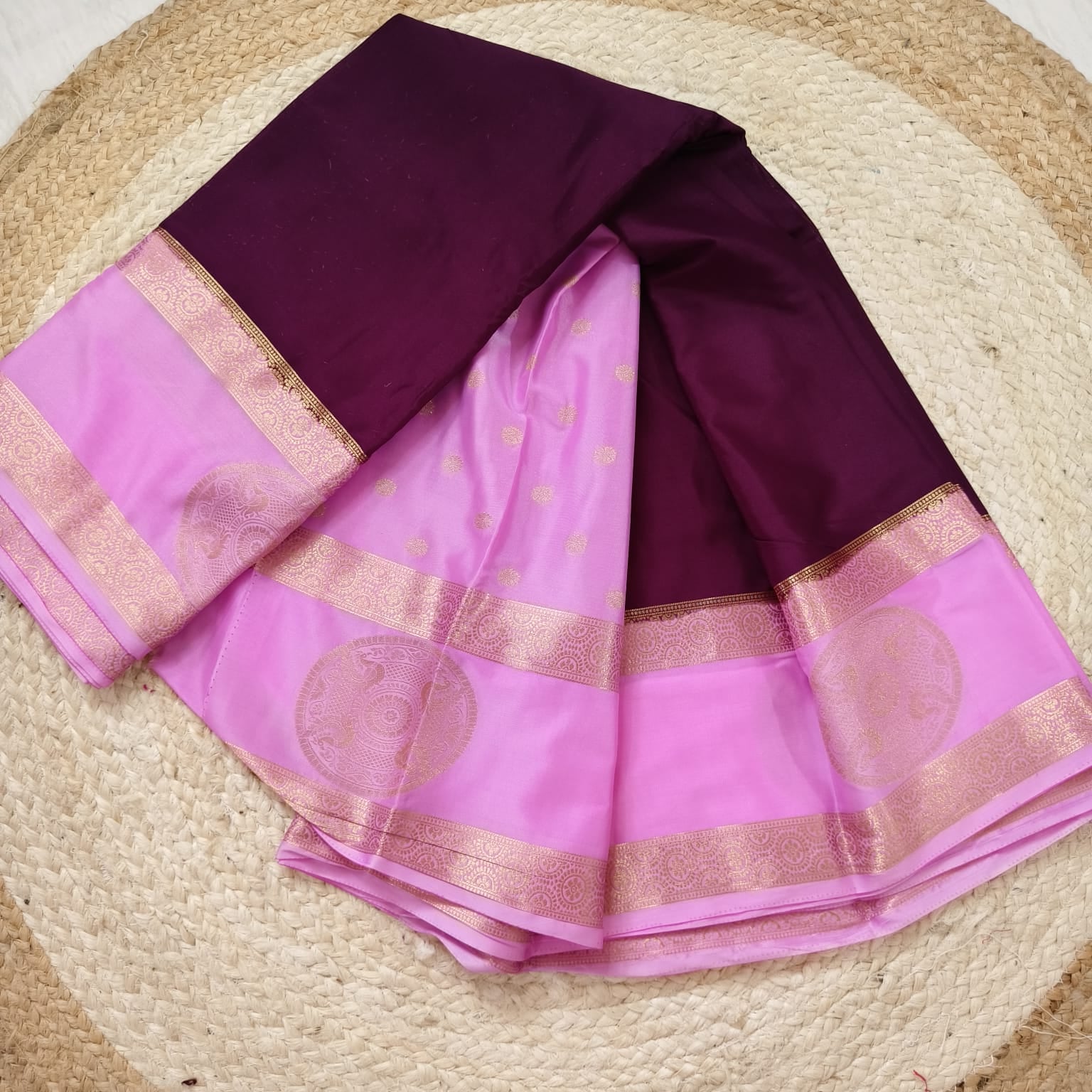 Semi Mysore Crepe Silk Saree- Maroon and Light Pink Contrast