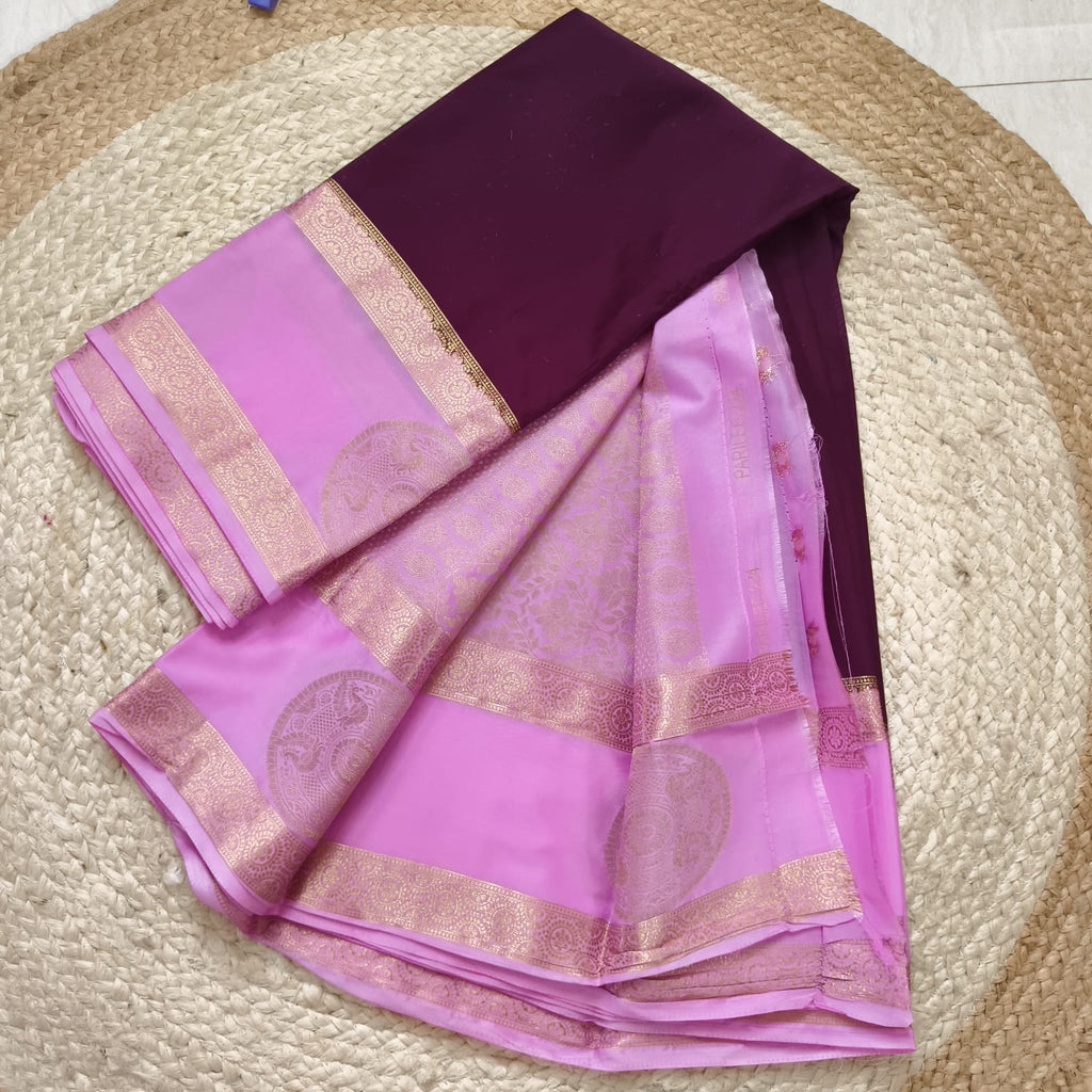 Semi Mysore Crepe Silk Saree- Maroon and Light Pink Contrast