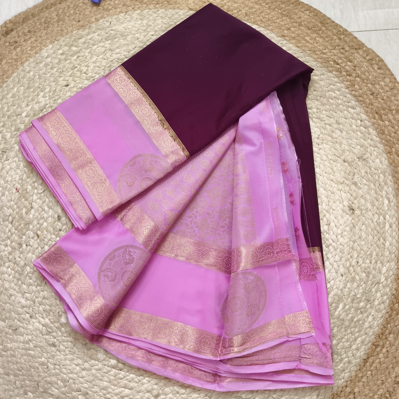Semi Mysore Crepe Silk Saree- Maroon and Light Pink Contrast