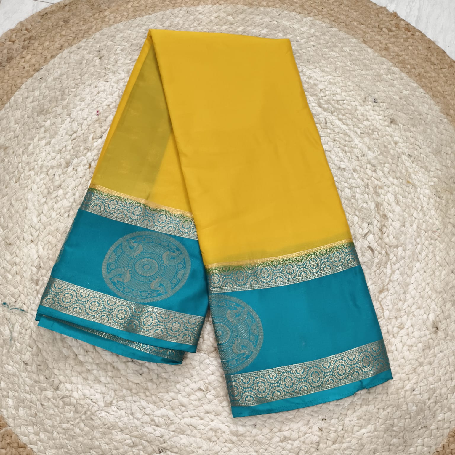 Semi Mysore Crepe Silk Saree- Yellow and Light Blue Contrast
