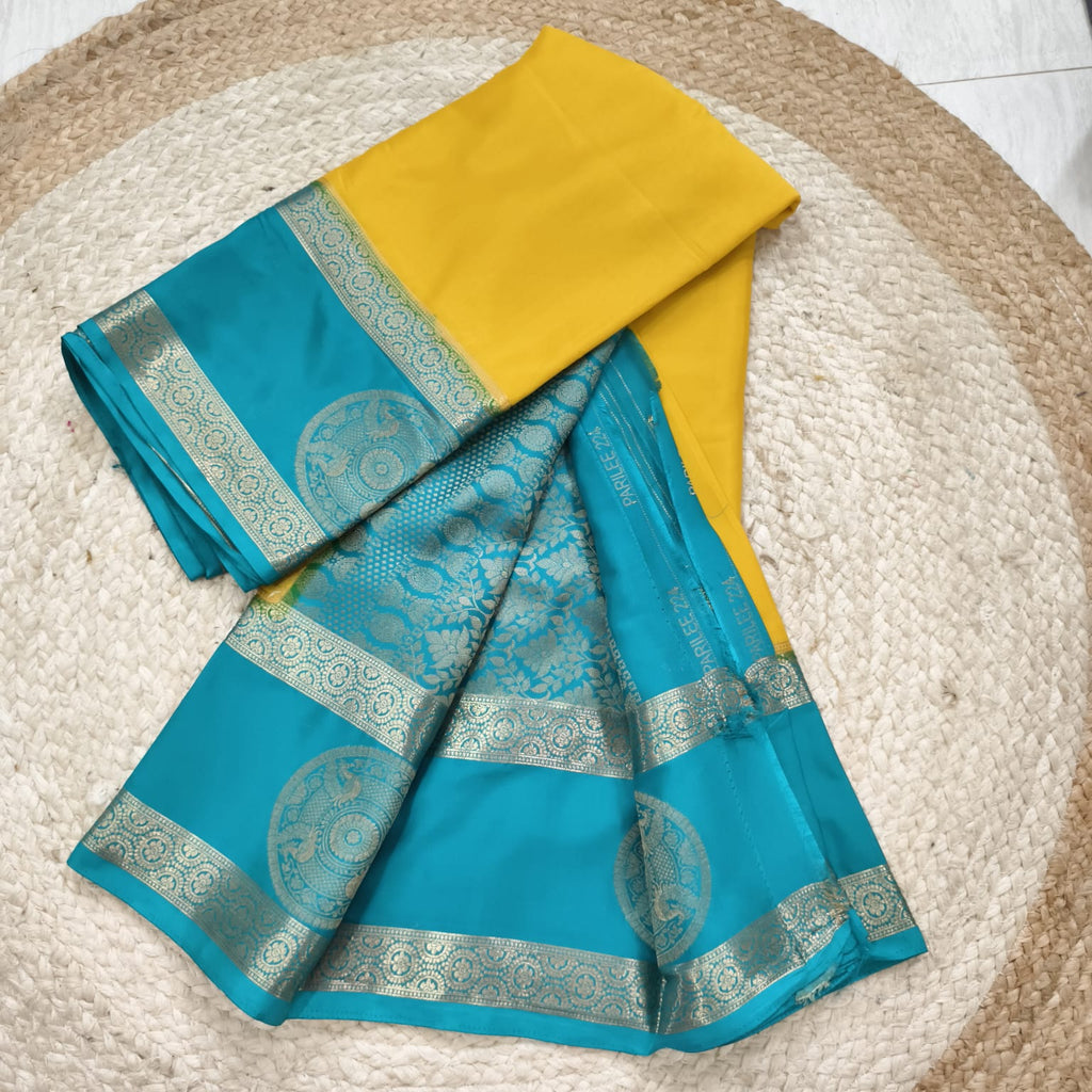 Semi Mysore Crepe Silk Saree- Yellow and Light Blue Contrast