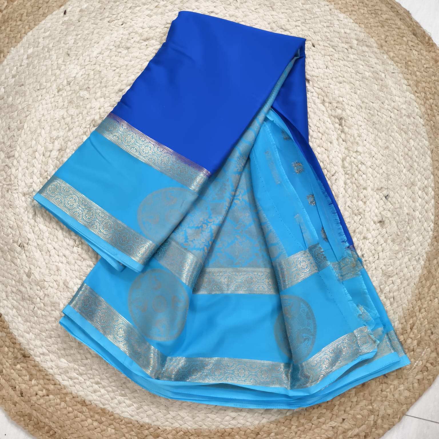 Semi Mysore Crepe Silk Saree- Dark Blue and Light Blue Contrast