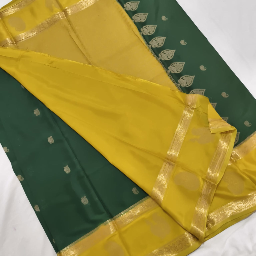Semi Mysore Crepe Silk Saree- Dark Green and Olive Green Contrast