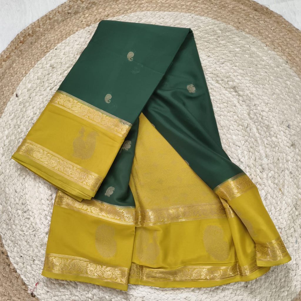 Semi Mysore Crepe Silk Saree- Dark Green and Olive Green Contrast