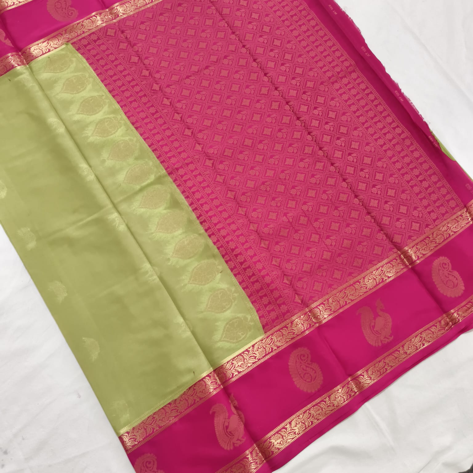 Semi Mysore Crepe Silk Saree- Light Green and Pink Contrast