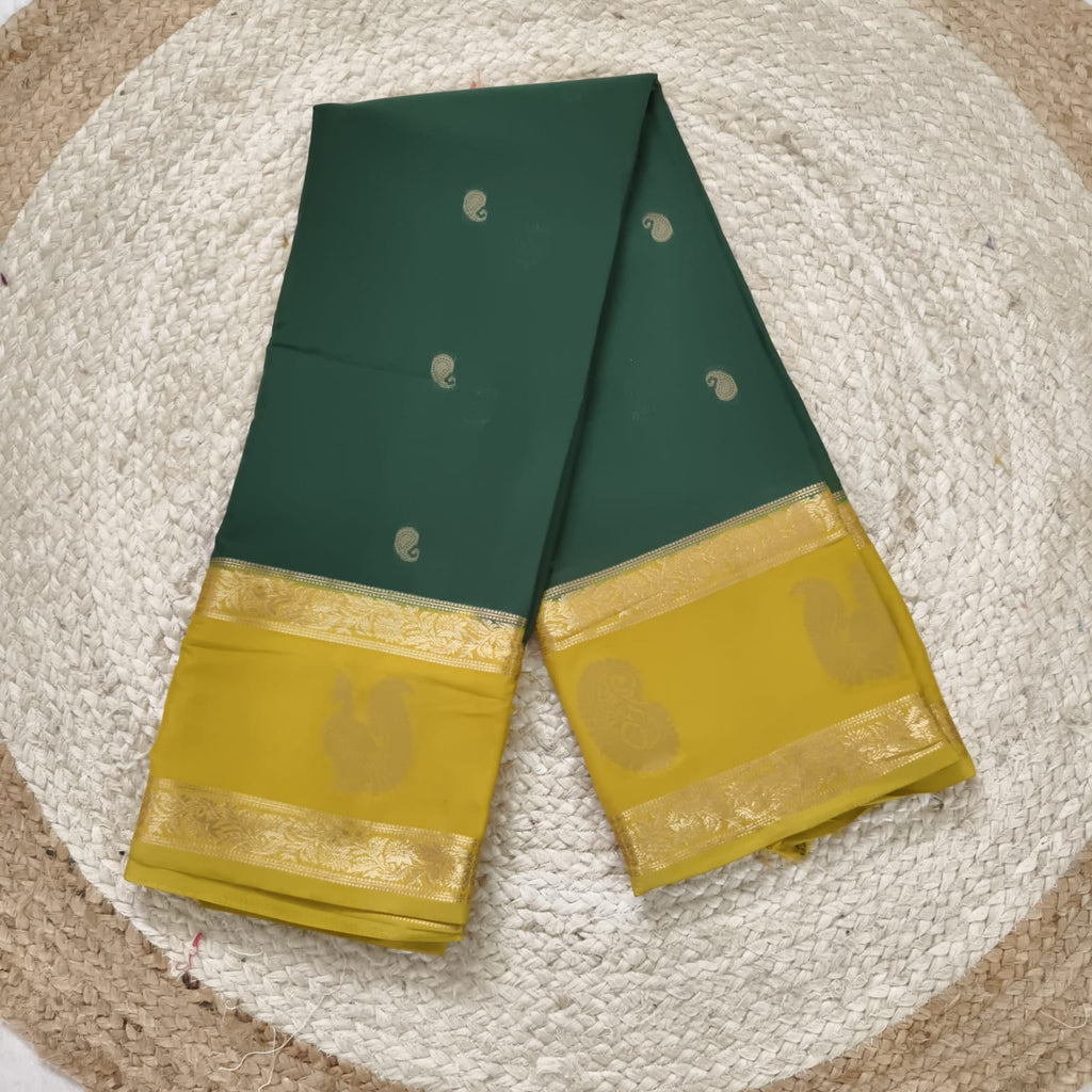 Semi Mysore Crepe Silk Saree- Dark Green and Olive Green Contrast