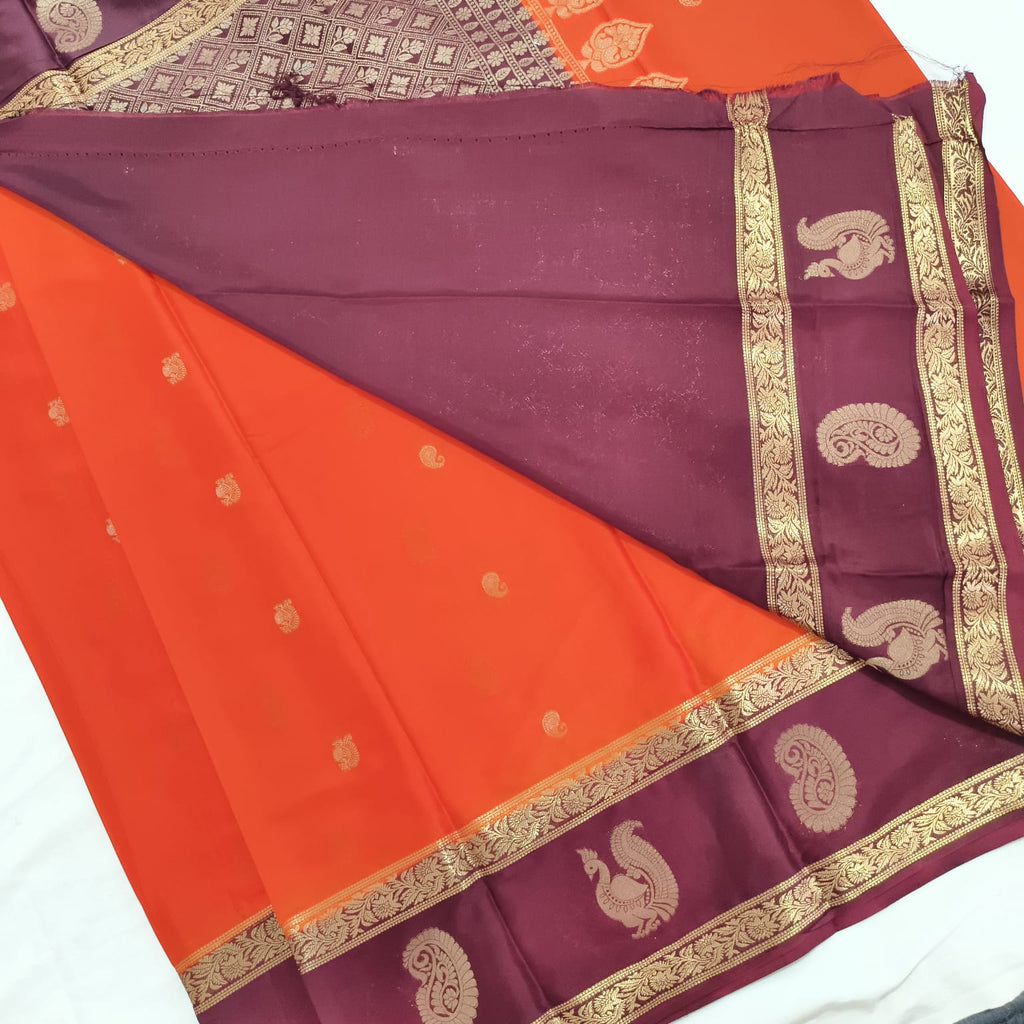 Semi Mysore Crepe Silk Saree- Orange and Maroon Contrast