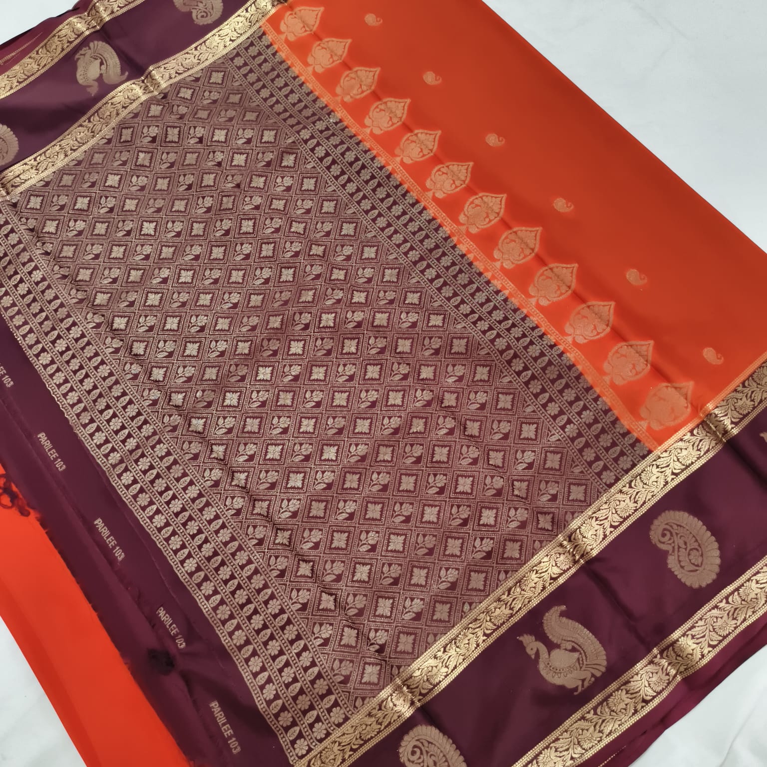 Semi Mysore Crepe Silk Saree- Orange and Maroon Contrast