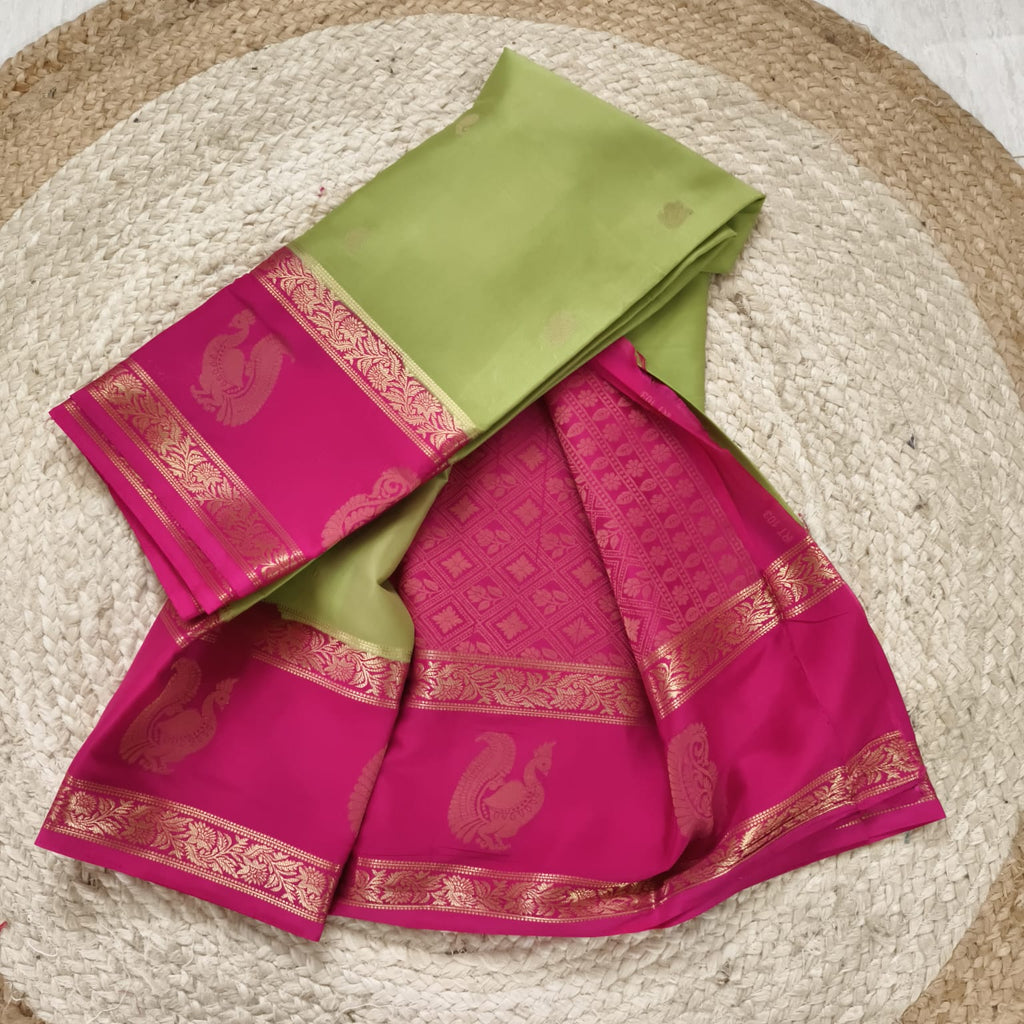 Semi Mysore Crepe Silk Saree- Light Green and Pink Contrast