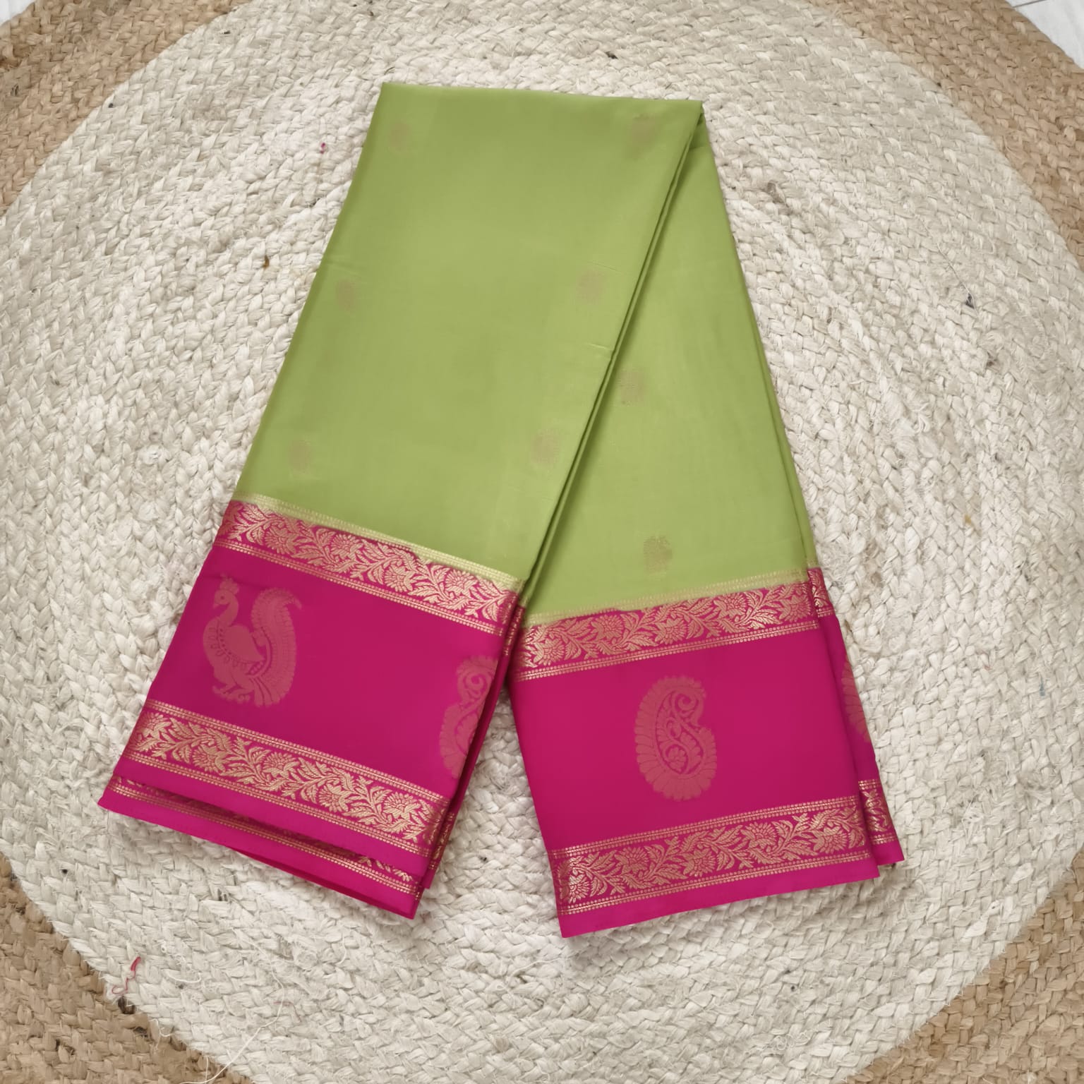 Semi Mysore Crepe Silk Saree- Light Green and Pink Contrast
