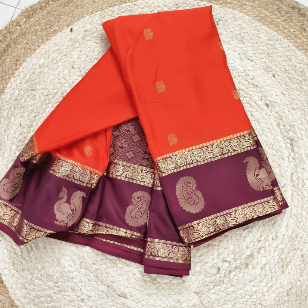 Semi Mysore Crepe Silk Saree- Orange and Maroon Contrast
