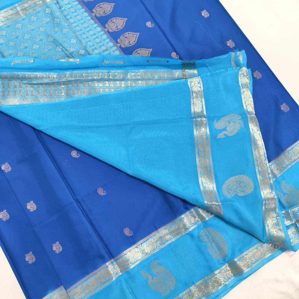 Semi Mysore Crepe Silk Saree- Dark Blue and Light Blue Contrast