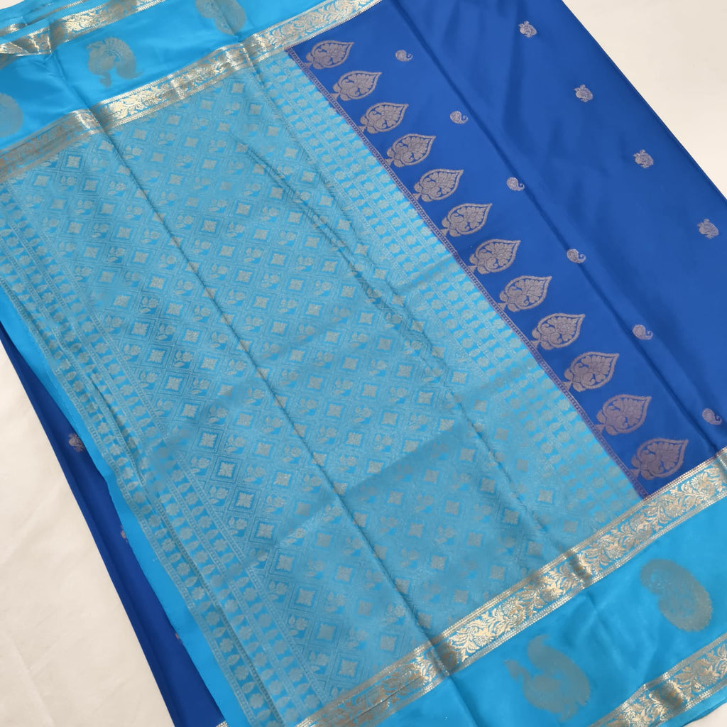 Semi Mysore Crepe Silk Saree- Dark Blue and Light Blue Contrast
