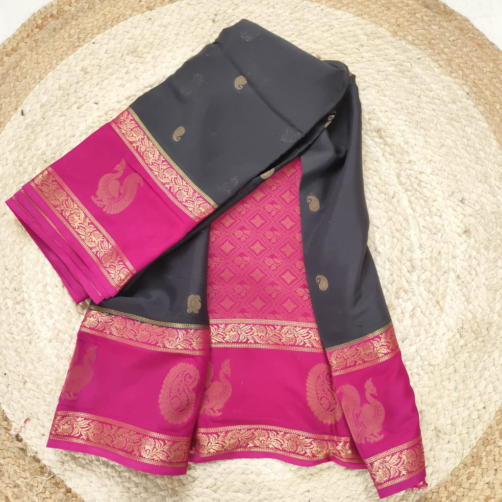 Semi Mysore Crepe Silk Saree- Black and Pink Contrast