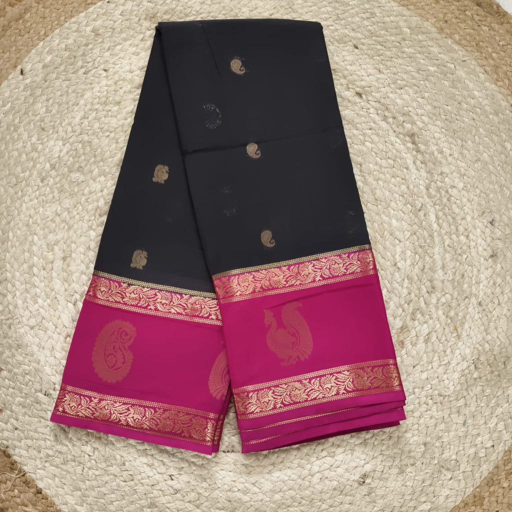 Semi Mysore Crepe Silk Saree- Black and Pink Contrast
