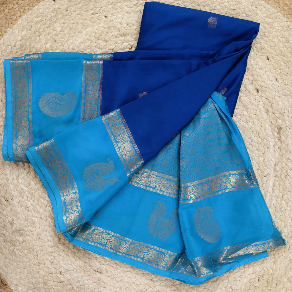 Semi Mysore Crepe Silk Saree- Dark Blue and Light Blue Contrast