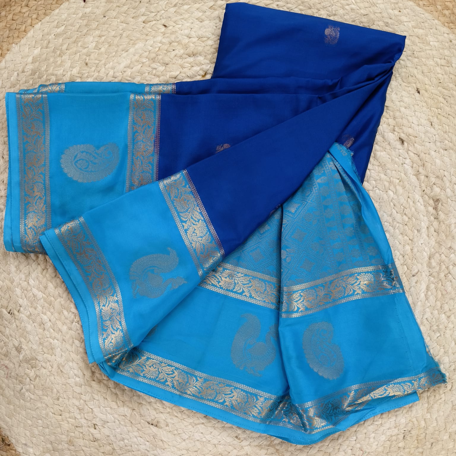 Semi Mysore Crepe Silk Saree- Dark Blue and Light Blue Contrast