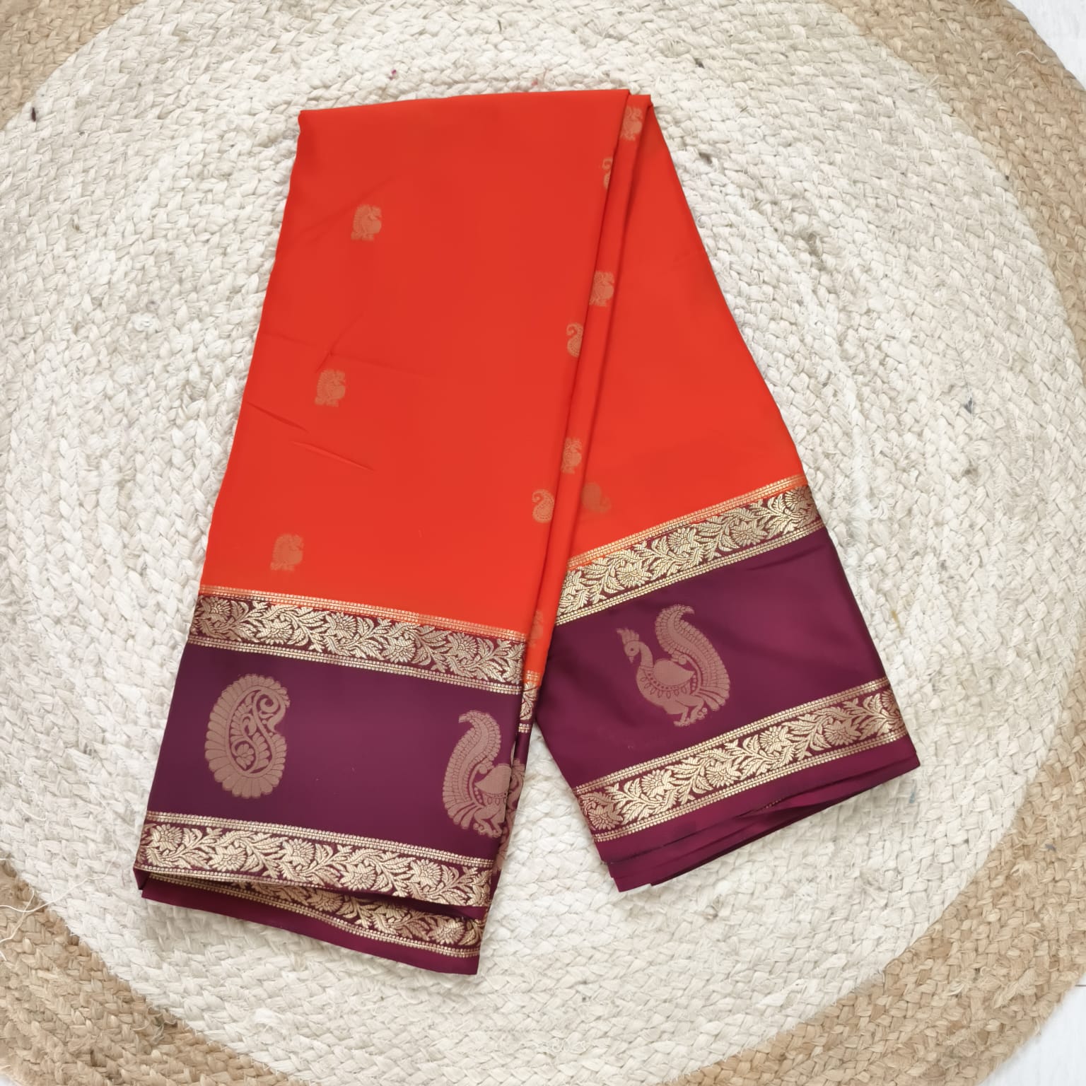 Semi Mysore Crepe Silk Saree- Orange and Maroon Contrast