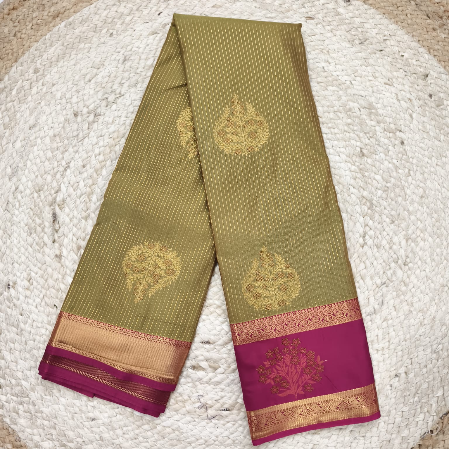 Semi Kanchipuram Silk Saree- Olive Green and Rani Pink Contrast