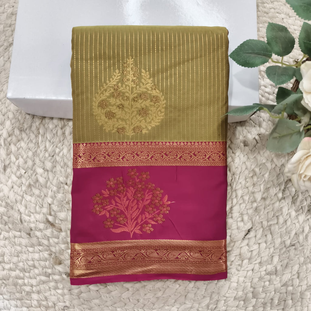 Semi Kanchipuram Silk Saree- Olive Green and Rani Pink Contrast