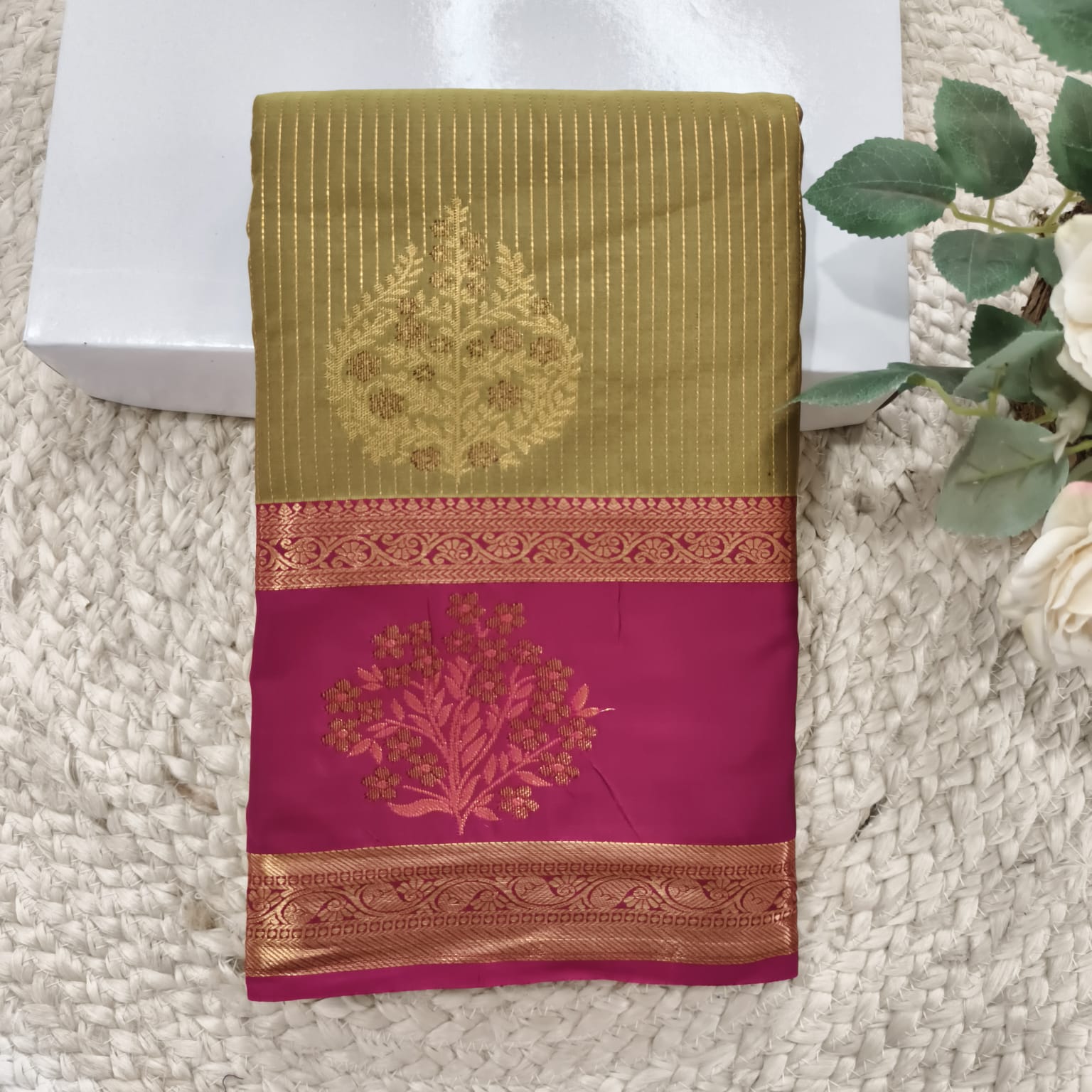 Semi Kanchipuram Silk Saree- Olive Green and Rani Pink Contrast