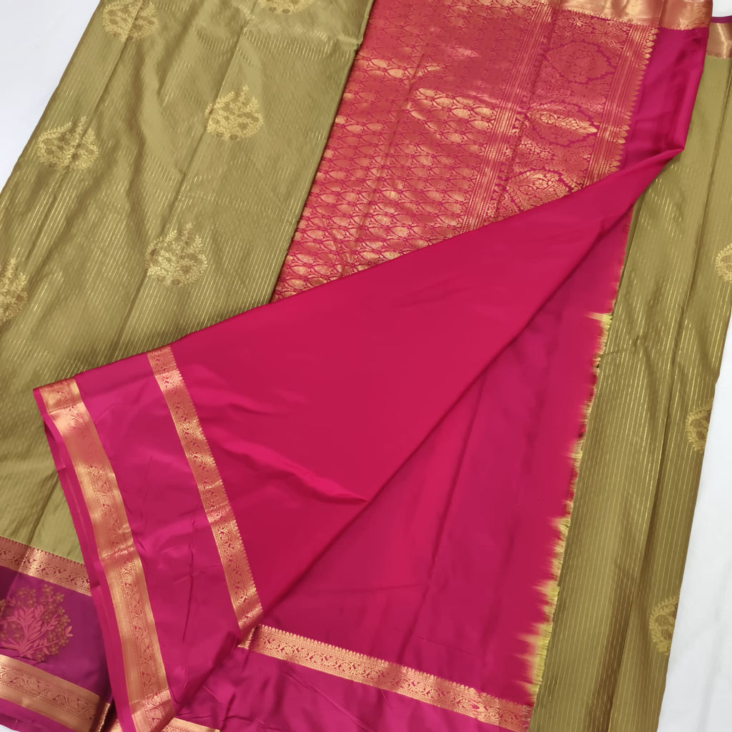 Semi Kanchipuram Silk Saree- Olive Green and Rani Pink Contrast