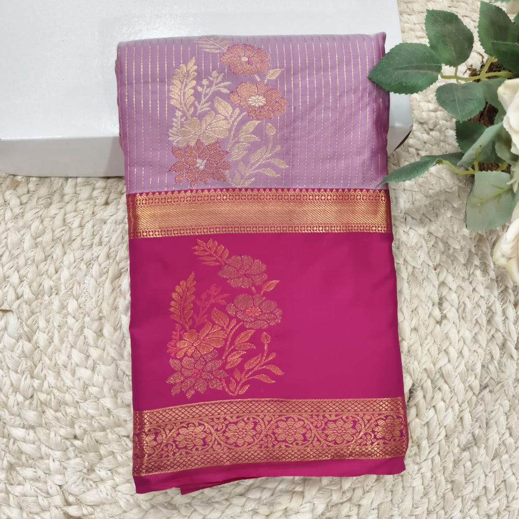 Semi Kanchipuram Silk Saree- lavender and Rani Pink Contrast