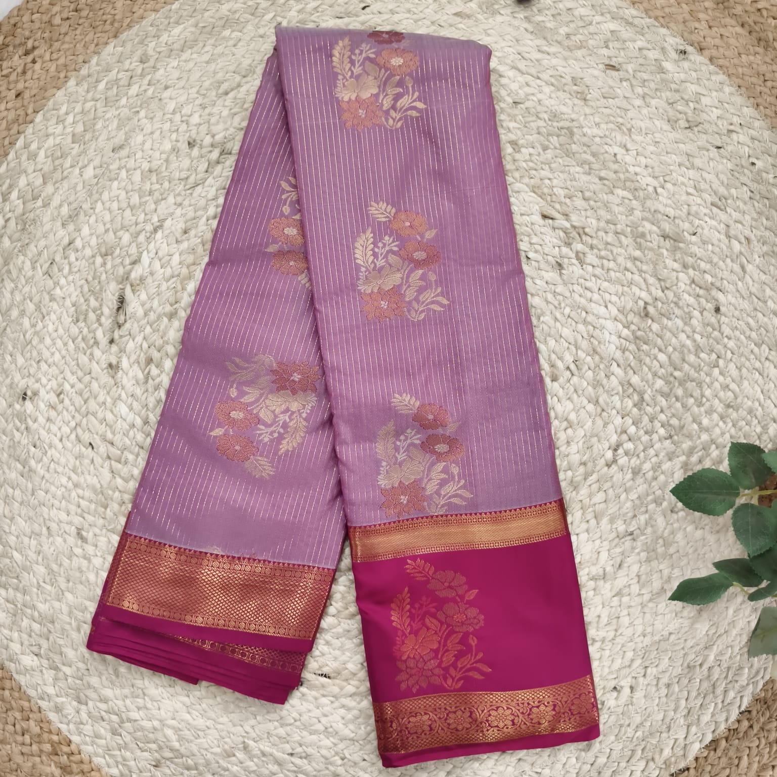 Semi Kanchipuram Silk Saree- lavender and Rani Pink Contrast