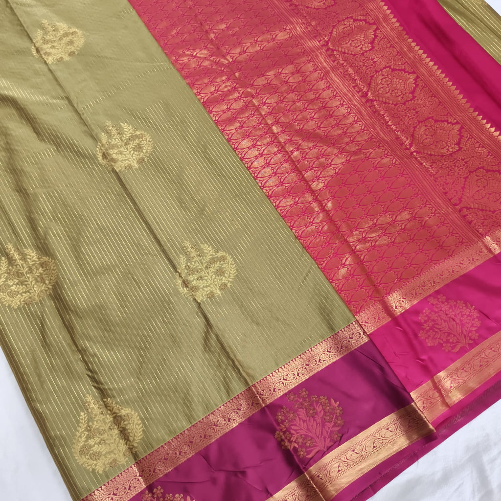 Semi Kanchipuram Silk Saree- Olive Green and Rani Pink Contrast