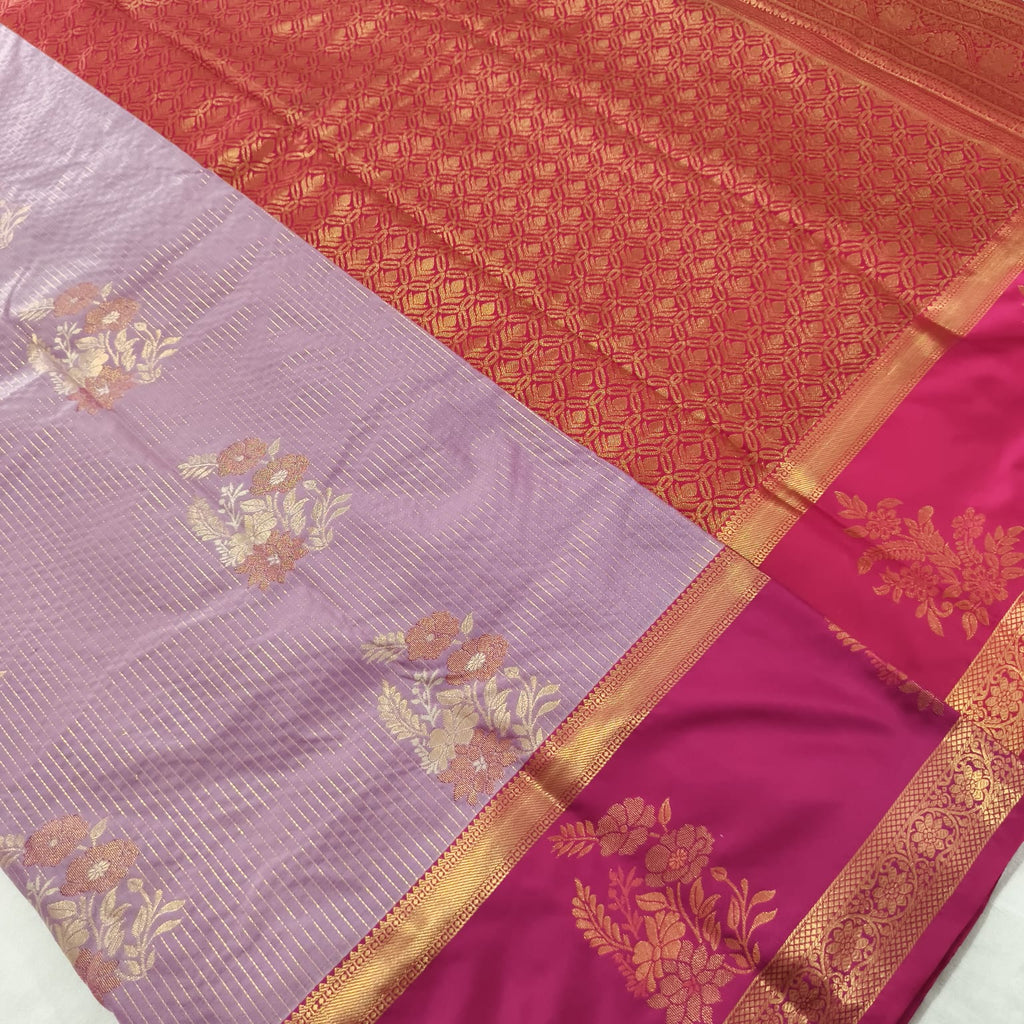 Semi Kanchipuram Silk Saree- lavender and Rani Pink Contrast