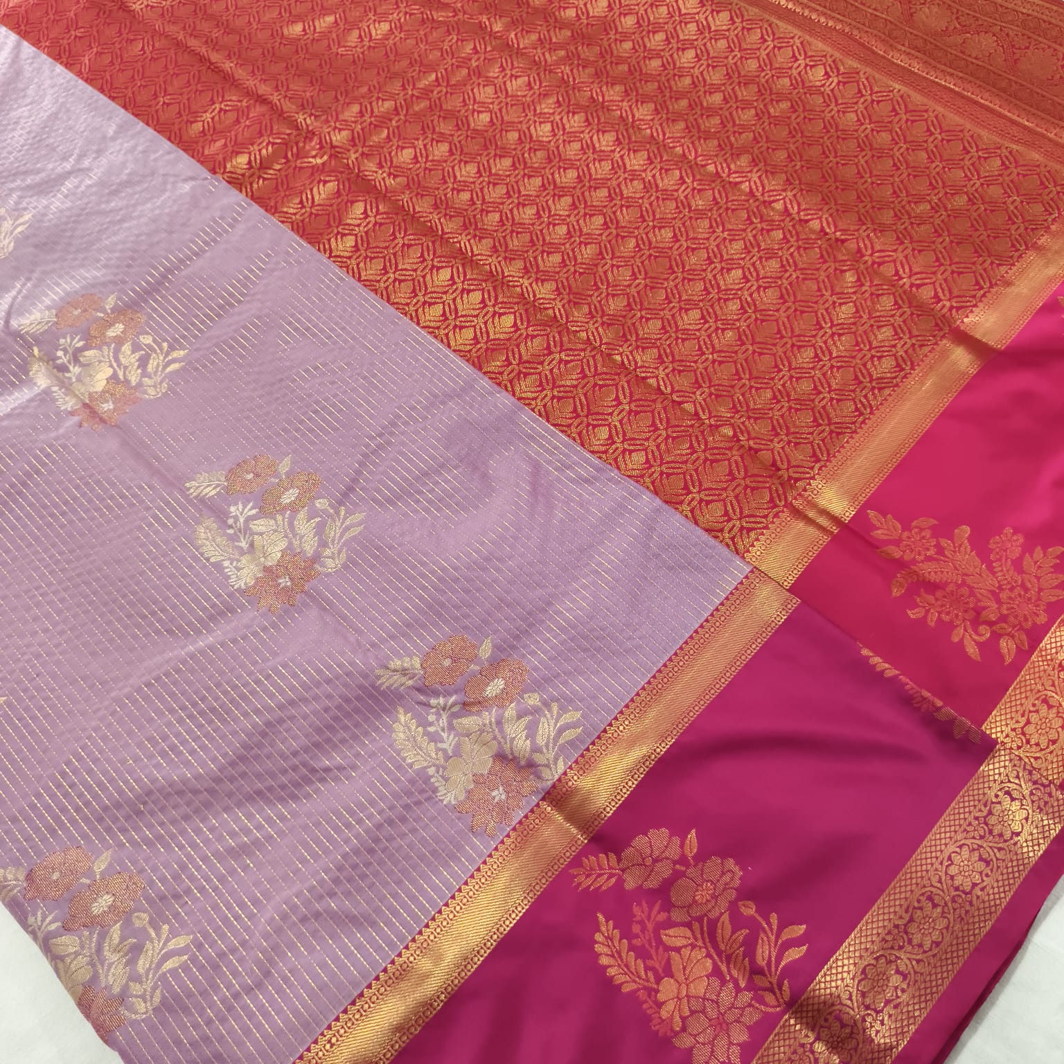 Semi Kanchipuram Silk Saree- lavender and Rani Pink Contrast