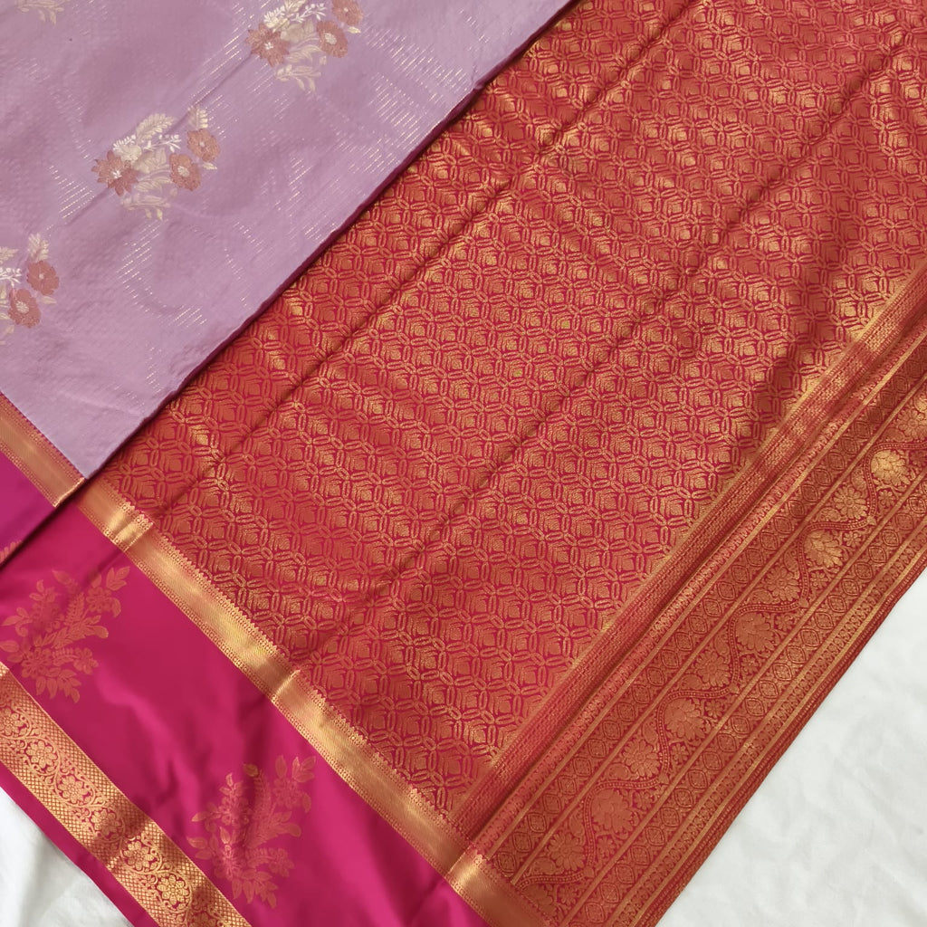 Semi Kanchipuram Silk Saree- lavender and Rani Pink Contrast