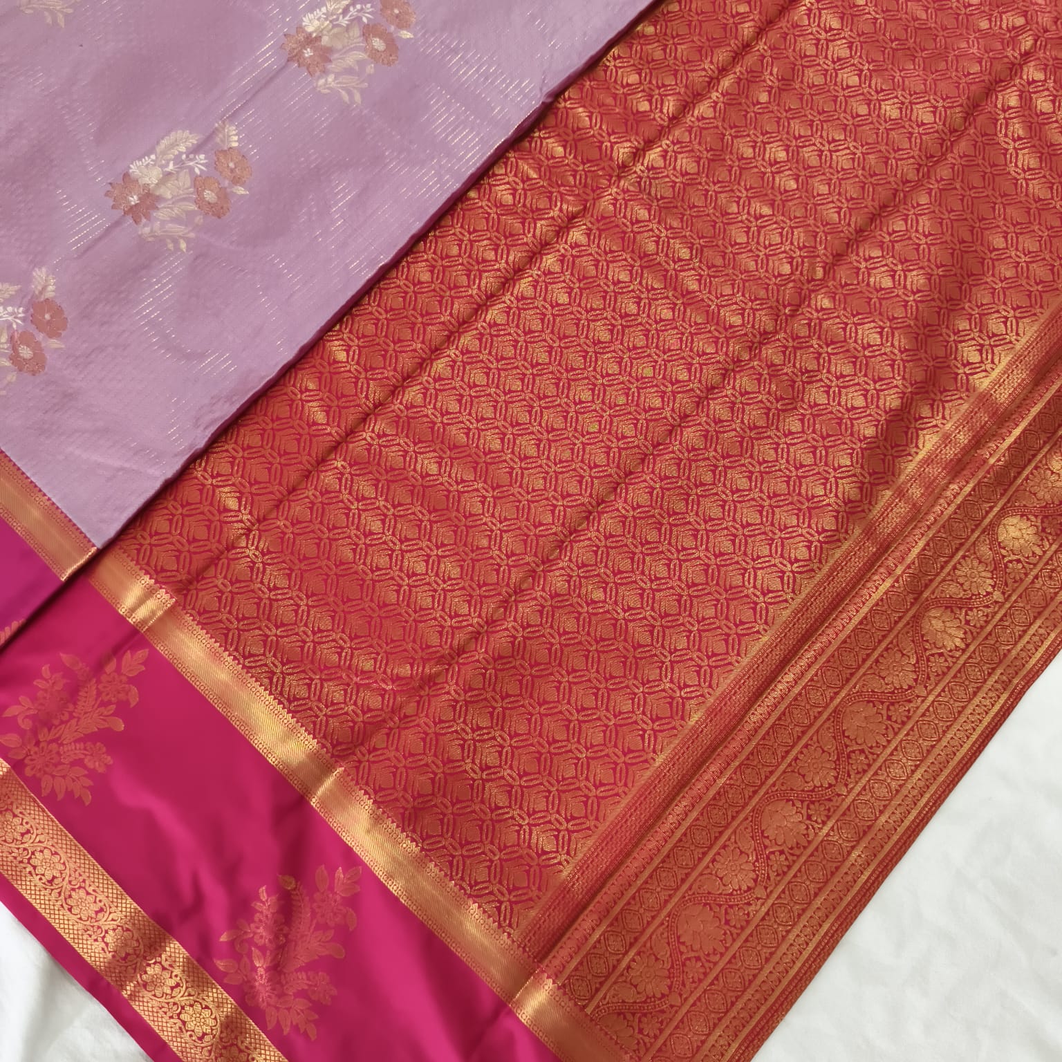 Semi Kanchipuram Silk Saree- lavender and Rani Pink Contrast